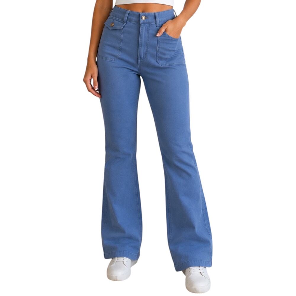Loft Blue Utility Flare Pants High Rise Stretch Size 29 P Minimalist Coastal